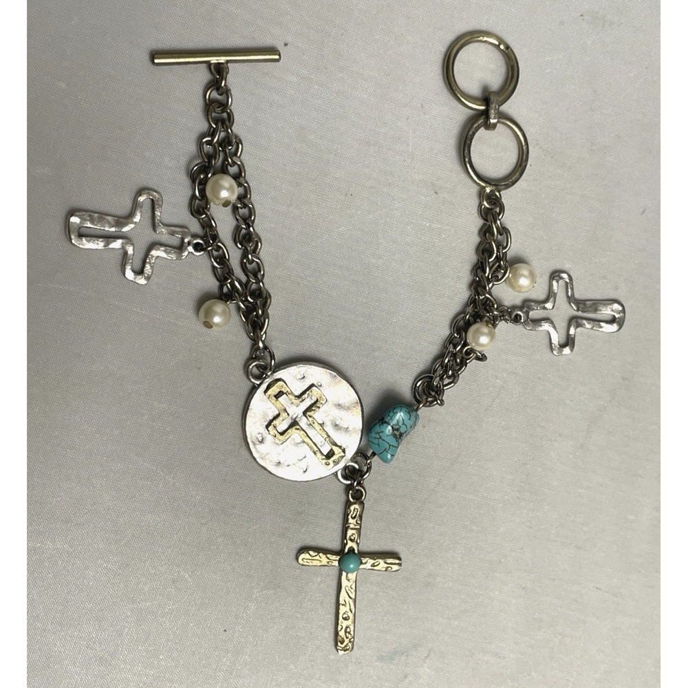 Vintage Cross Charm Bracelet‎ Silver Tone Gold Tone Faux Pearl Easter Jewelry